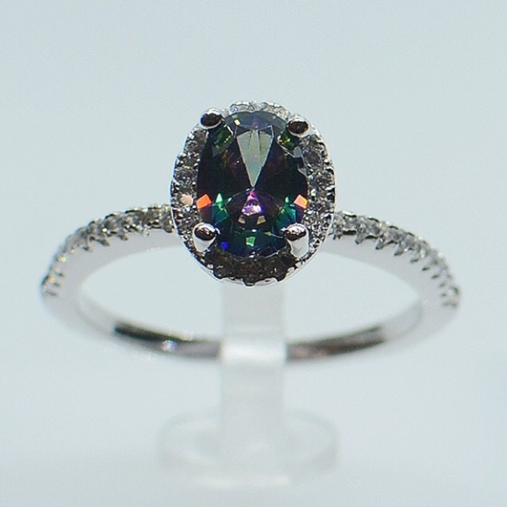 925 Sterling Silver Rainbow Topaz Halo CZ Ring
